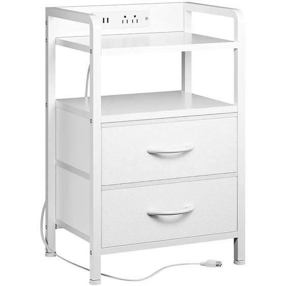 Table de chevet industrielle - Table dappoint à 2 tiroirs - Paniers en tissu - Piètement en métal - Multiprise et éclairage LED - blanc