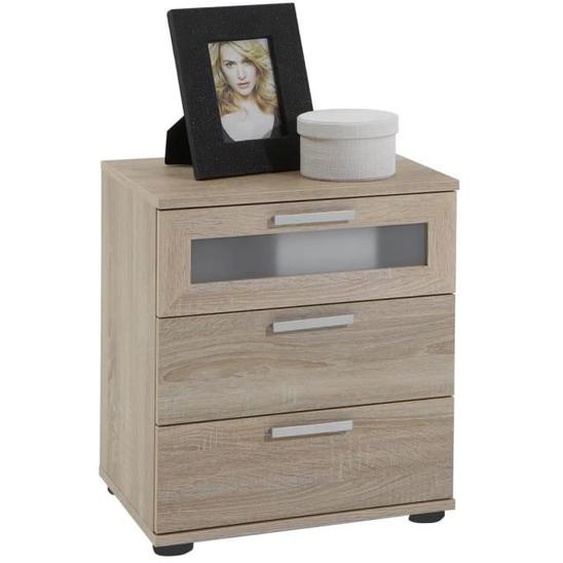 Table de chevet Jack à 3 tiroirs, décor chêne brun, réalisée en aggloméré.