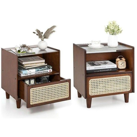 Table de Chevet Lot de 2 - RELAX4LIFE - en Bambou - Tiroir en Rotin - Plateau en Verre - Espace de Rangement Caché - Marron
