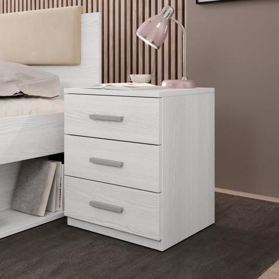 Table de chevet trois tiroirs, collection FLOYD. Coloris blanc effet bois. L 46,3 x P 41 x H 55,6 Blanc