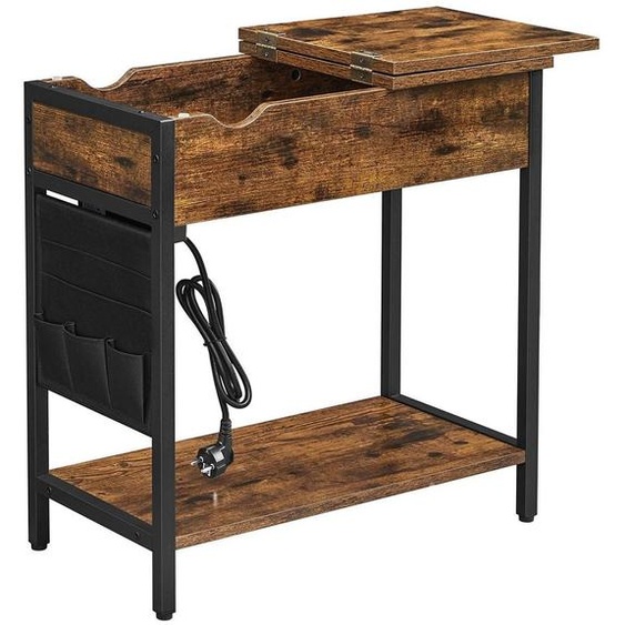 Table de chevet vintage marron et noir, avec pochette en tissu et multiprises, dimensions : 60 x 31,5 x 60 cm