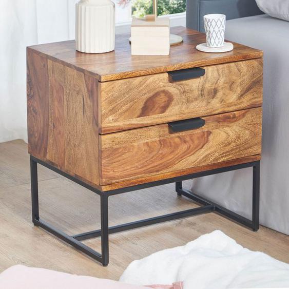 Table de Chevet - WOHNLING - 50x40x51 cm - Bois Massif - 2 Tiroirs - Style Industriel