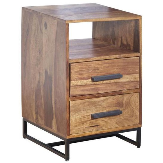 Table de Chevet - WOHNLING - Bois Massif Sheesham - 2 Tiroirs - Style Industriel - 40x35x66 cm
