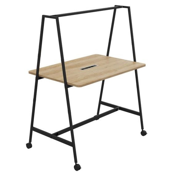 Table de coworking mobile rectangle Alto avec électrification - H. 105 x L. 140 x P. 90 cm - Plateau Chêne Nebraska - Pieds Noir