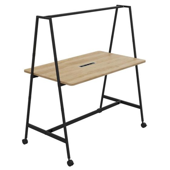 Table de coworking mobile rectangle Alto avec électrification - H. 105 x L. 160 x P. 90 cm - Plateau Chêne Nebraska - Pieds Noir