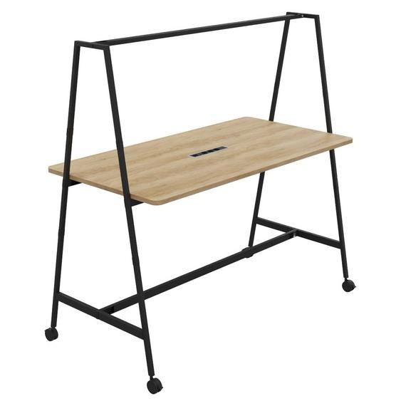 Table de coworking mobile rectangle Alto avec électrification - H. 105 x L. 180 x P. 90 cm - Plateau Chêne Nebraska - Pieds Noir