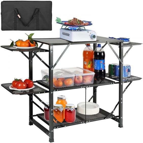 Table de cuisine de camping - Aluminium - Pliable & Portable - Station de cuisson outdoor avec 4 côtés en fer - 2 étagères - Sac de transport inclus - Montage rapide pour pique-nique, barbecue, plage & voyages