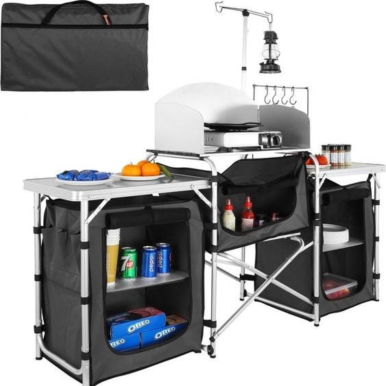 Table de cuisine de camping - Table de cuisine pliante dextérieur avec sac - Station de cuisson en aluminium avec 3 placards et pare-brise amovible - Montage rapide pour pique-niques, barbecues, etc.