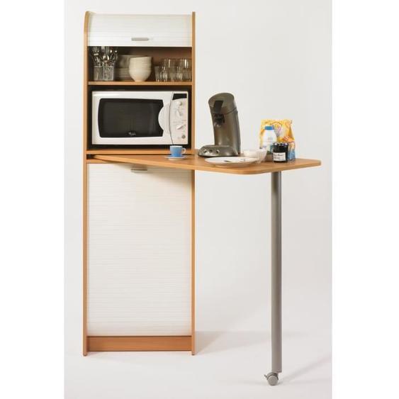 Table de Cuisine et Meuble Rangement 5 Niches - Hêtre + rideau blanc - L 131.1 x l 60 x H 180.7 cm