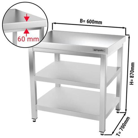 Table de cuisine - GGM Gastro - Inox - 600x700x870 mm - Capacité 400 kg - Pieds réglables
