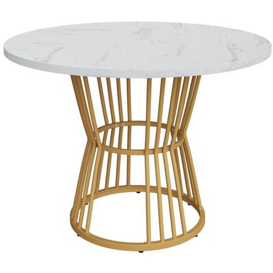 Table De Cuisine Moderne (1 Pièce), Table De Salle À Manger Ronde, Cadre En Métal Solide, Blanc / Or