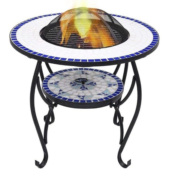 Table de jardin en mosaïque de céramique bleue et blanche, 68 cm, réchaud à gaz pour terrasse, foyer extérieur, radiateur de terrasse, table avec foyer
