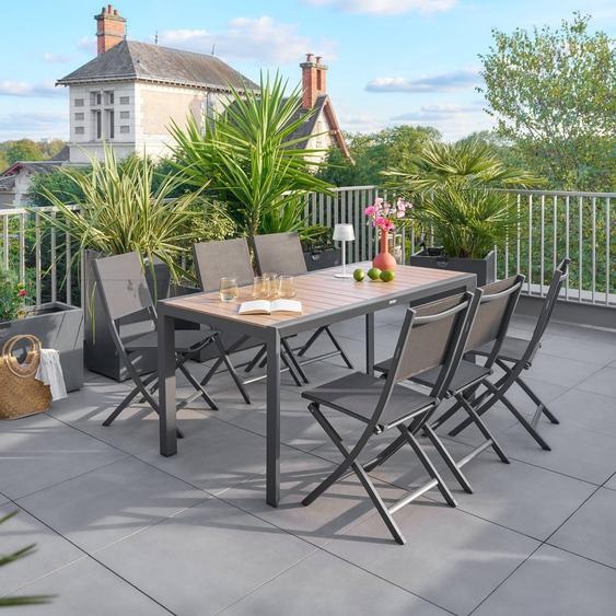 Table de jardin ÉVASION Effet bois Honey / Graphite 6 places - Aluminium traité époxy, Lattes Hespéride