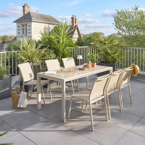 Table de jardin EVASION Effet bois Lin / Argile 6 places - Aluminium traité époxy, Lattes Hespéride