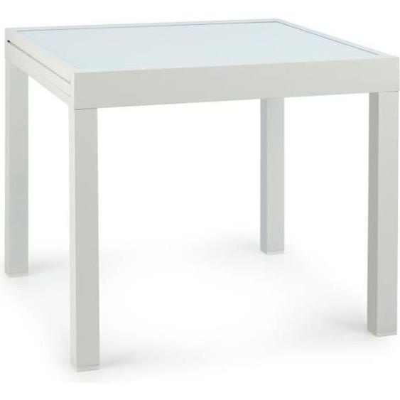 Table de jardin extensible - BLUMFELDT - Pamplona - 90 x 90 cm ou 180 x 83 cm - Verre teinté - Aluminium blanc