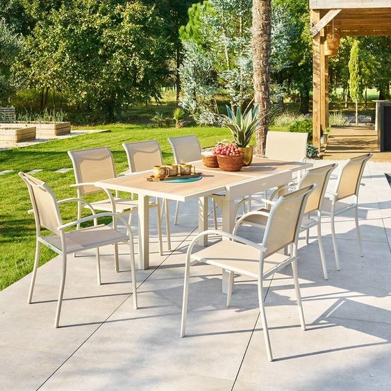 Table de jardin extensible carrée PIAZZA Epeautre / Argile 8 places - Aluminium traité époxy, Verre trempé Hespéride