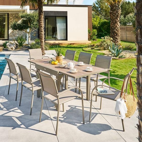 Table de jardin extensible carrée PIAZZA Truffe / Café 8 places - Aluminium traité époxy, Verre trempé Hespéride