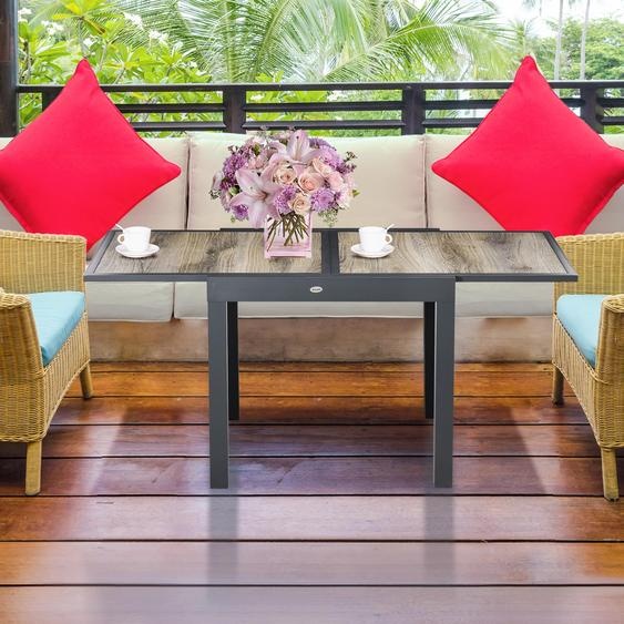 Table de jardin extensible, de 80 à 160 cm, table à manger résistante aux intempéries, structure en aluminium, aspect bois, couleur beige-gris | 160 x 80 x 75 cm | pour jusquà 6 personnes