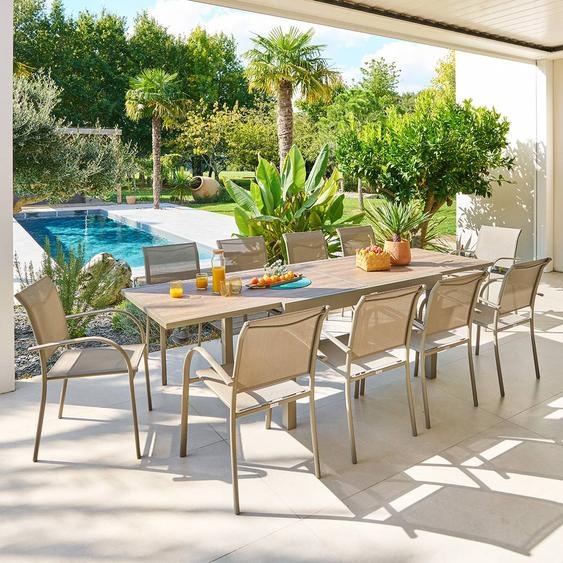 Table de jardin extensible rectangulaire PIAZZA Truffe / Café 10 places - Aluminium traité époxy, Verre trempé Hespéride