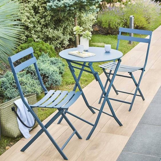 Table de jardin pliante ronde GREENSBORO Pétrole 2 places - Acier traité époxy, Traitement antirouille renforcé Hespéride