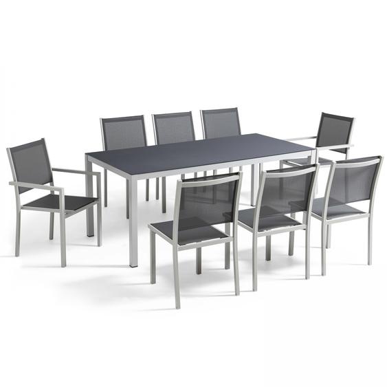 Table de jardin rectangulaire 180 x 90 cm, plateau en verre avec 6 chaises et 2 chaises avec accoudoirs