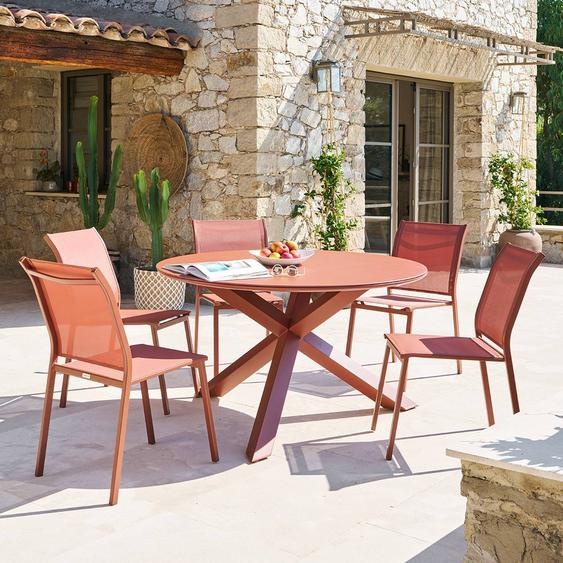 Table de jardin rond ORYON Acajou 6 places - Aluminium traité époxy, Verre Hespéride