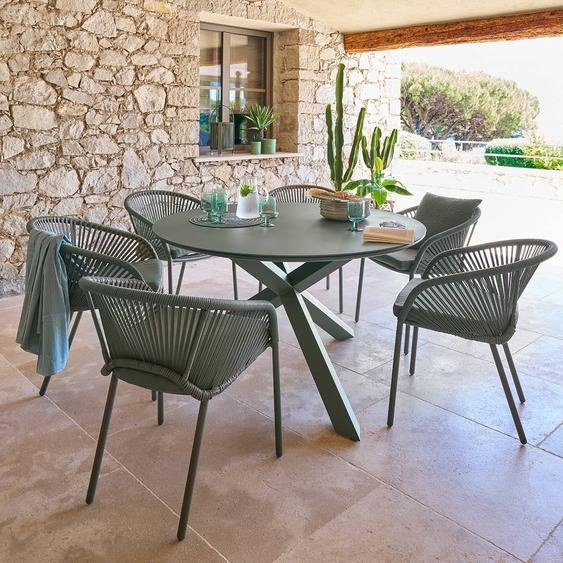 Table de jardin rond ORYON Vert laurier 6 places - Aluminium traité époxy, Verre Hespéride