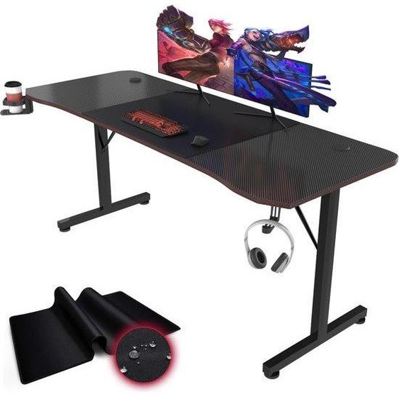 Table de jeu ergonomique Ibenzoa® avec grande surface de travail, surface en fibre de carbone, structure en forme de T, boîte de rangement pour câbles, tapis de souris, supports pour casque et porte-gobelets