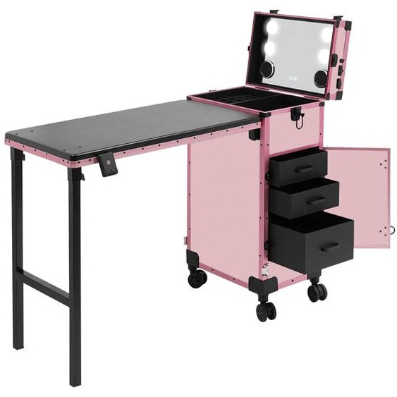 Table de manucure et coffret de maquillage sur roulettes - Trolley de cosmétiques avec miroir - 3 tiroirs - Pliable - Capacité de charge de 50 kg - Rose