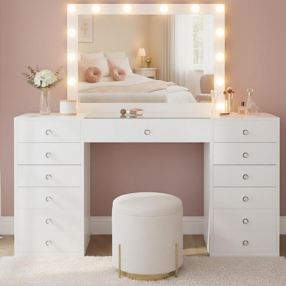 Table de maquillage Attalla avec miroir de style Hollywood | Couleur : Blanc | Dimensions : 150 x 55 x 155 cm