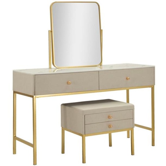 Table de maquillage avec miroir et tabouret de rangement en similicuir crème avec des détails dorés. Dimensions : 120x45x75 cm, 50x4x60 cm, 50x40x45 cm