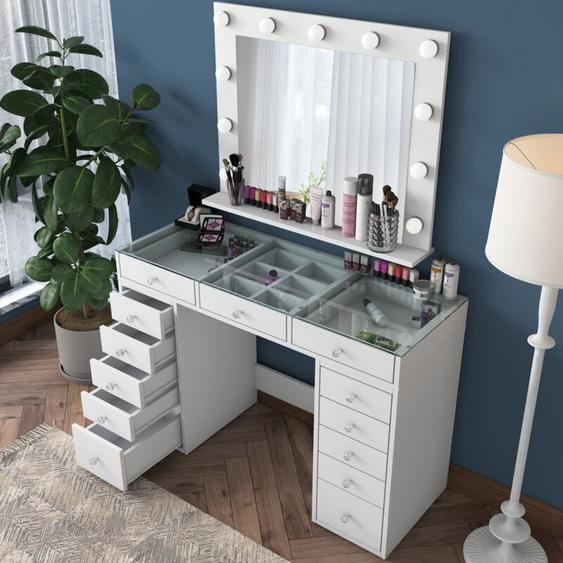 Cotecosy - Table de Maquillage Élégante 120x79.8x44.5 cm avec Miroir Grand Format et Rangement - Blanc