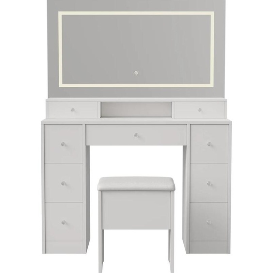 Table de maquillage LED avec tabouret - Table de coiffure avec lumière tricolore réglable par touche - Grand miroir - Nombreux tiroirs - Dimensions : 110 x 40 x 150 cm - Blanc