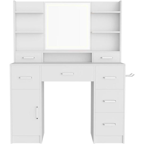 Table de maquillage - Style C, table de coiffure avec éclairage LED tricolore, prise USB, support pour sèche-cheveux - Sans tabouret - Blanche