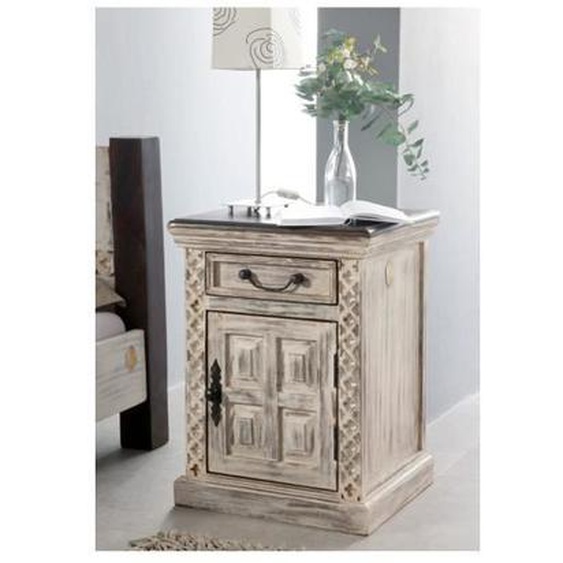 Table de nuit - Bois massif de manguier ciré (Blanc antique) - Style Campagne Chic - CASTLE ANTIK 259