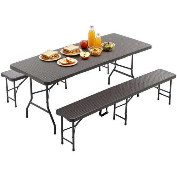 Table de pique-nique pliable de 1,80 m avec 2 bancs, ensemble de camping 3 pièces, plateau en PEHD avec motif darbre, système de verrouillage de sécurité, résistant aux UV et à leau, marron