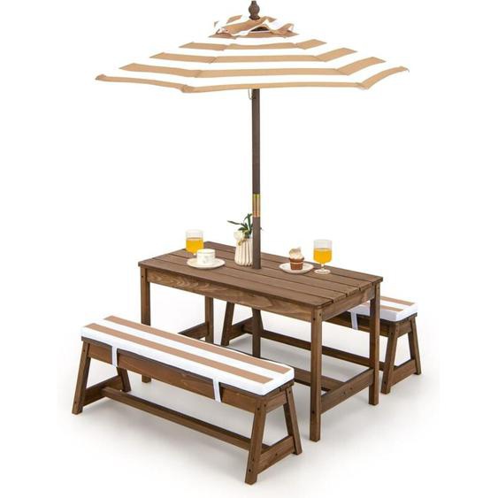 Table de Pique-Nique pour Enfants avec Parasol Réglable, Salon de Jardin en Bois pour Enfants avec Coussins, 89 x 44 x 50 cm Marron - Costway