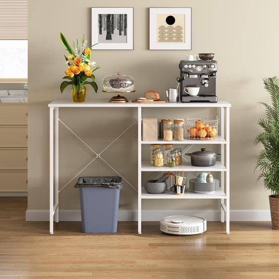 Table de rangement blanche avec structure métallique, montage flexible pour la cuisine, le salon, la cave et le garage, 120 x 40 x 85,5 cm