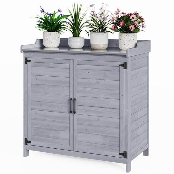 Table de Rempotage Armoire de Jardin Meuble de Rangement 2 en 1 Bois Sapin Acier Gris - Bealife