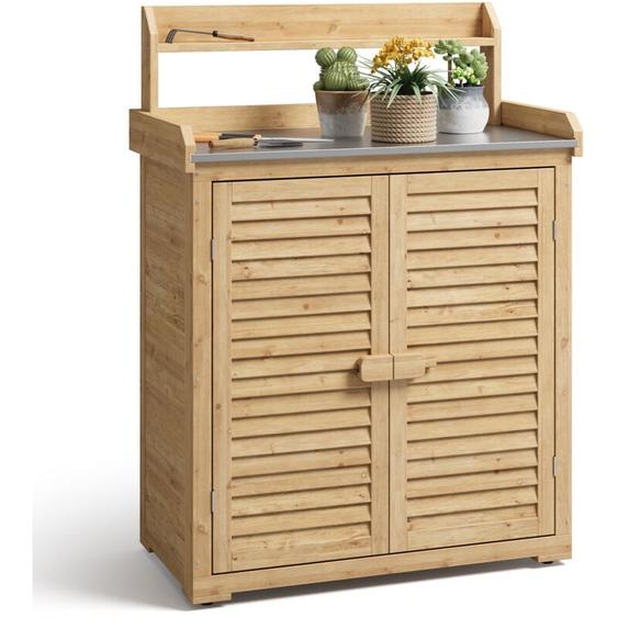 Table de Rempotage Bealife Armoire de Jardin Rangement Extérieur Bois Sapin Table Jardinage Plateau Métal 2 Portes 3 Étagères