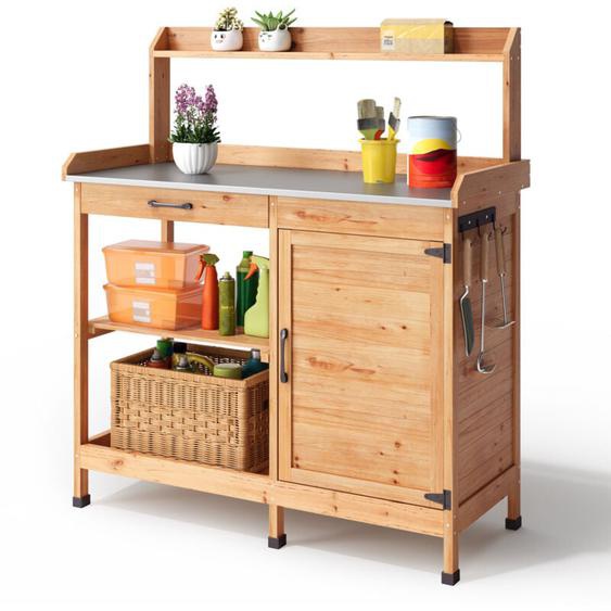 Table de Rempotage Bealife Armoire de Jardin Extérieur Extérieur Bois Sapin Table Jardinage Plateau Métal 6 Crochets 1 Porte 1 Tiroir