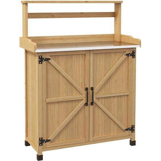 Table de rempotage jardinage - étagères, 2 portes avec étagère - plateau tôle acier galvanisé - bois sapin pré-huilé