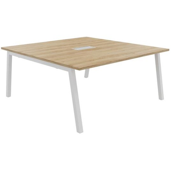 Table de réunion Burocolor A avec trappe daccès - L.160 x P.163 cm - Plateau Chêne Nebraska - Pieds Blanc