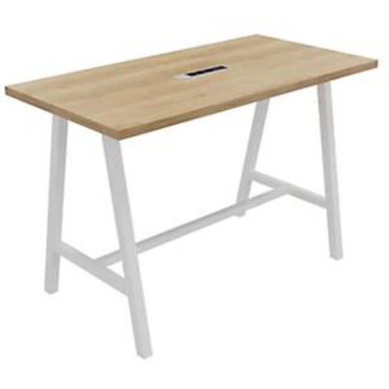 Table de réunion coworking Cohésion H.107 x L.160 x P.80 cm avec électrification - Plateau Chêne Nebraska - Pieds Blanc