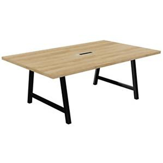 Table de réunion coworking Cohésion H.74 x L.200 x P.120 cm avec électrification - Plateau Chêne Nebraska - Pieds Noir