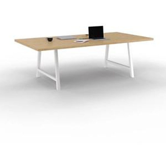 Table de réunion coworking Cohésion H.74 x L.240 x P.120 cm avec électrification - Plateau Chêne Nebraska - Pieds Blanc