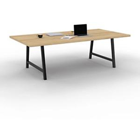 Table de réunion coworking Cohésion H.74 x L.240 x P.120 cm avec électrification - Plateau Chêne Nebraska - Pieds Noir