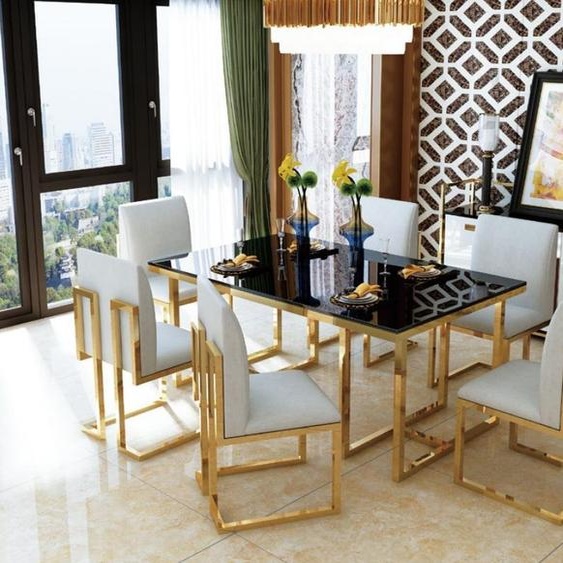 Table de salle à manger design en bois avec des éléments en acier inoxydable Tables Meubles de salle à manger 140/150x80cm