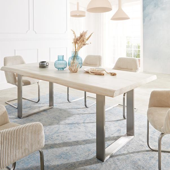 Table-de-salle-à-manger Edge 200x100 XL Neem blanc blanchi acier inoxydable étroit Live-Edge, Tables de salle à manger, Baumkantenmöbel, Massivholzmöbel, Massivholz
