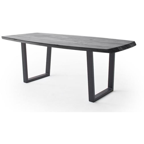 Table de salle à manger en bois dacacia coloris gris, pieds en métal peint anthracite-longueur 200 x hauteur 77 x profondeur 100